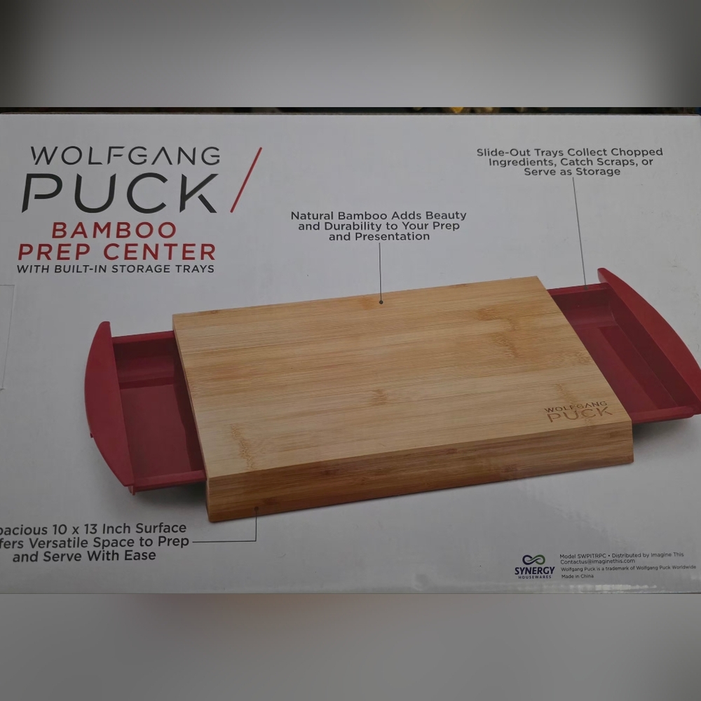 Wolfgang Puck Bamboo Prep Center with Red Silicone Trays